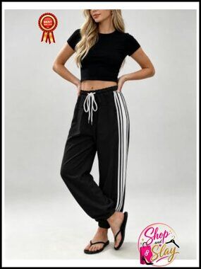Striped Tapered Joggers High Waist Drawstring Pants with Pockets